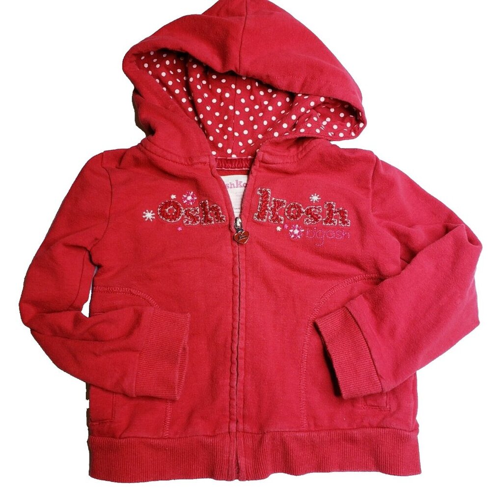 Osh Kosh Bgosh  Girls' 2T Zip-up Sweater Hooded Jacket Red w/ Heart Zipper Pull